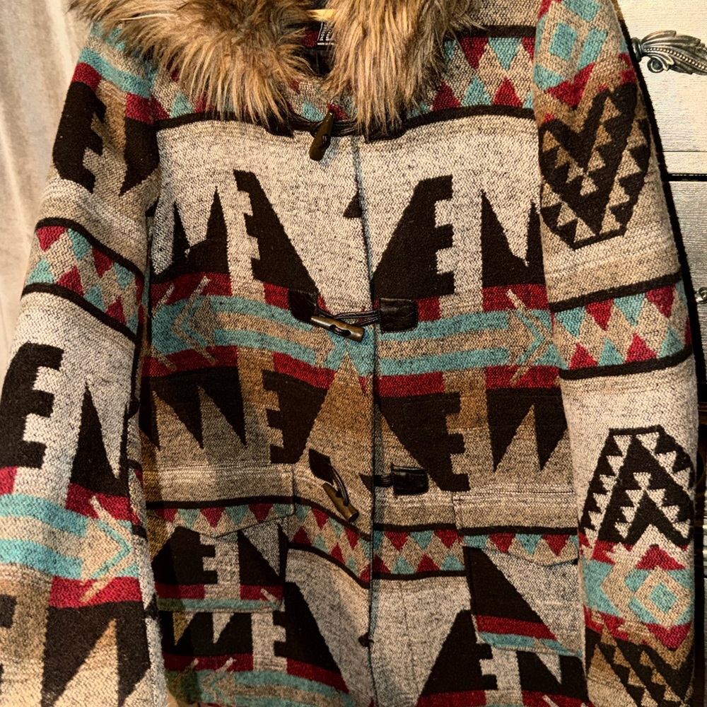 Forever 21 Multicolor Tribal Cape with Faux Fur Collar